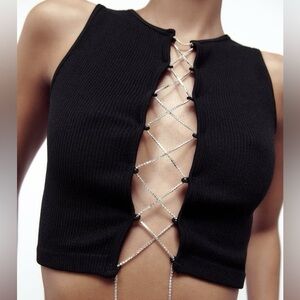 NWT Zara Black Rhinestone Lace-Up Crop Top Limitless Seamless Size XS-S